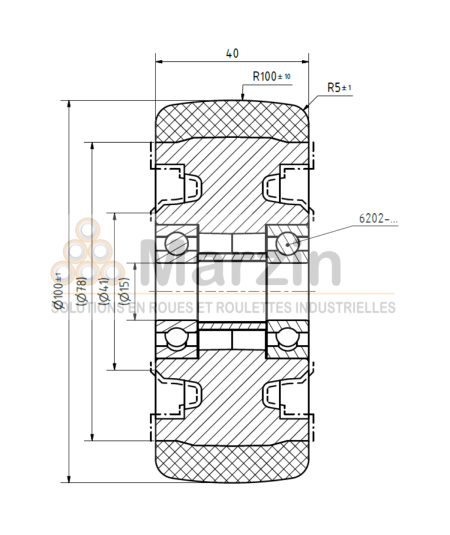 ROUE PEVODYN®-SOFT 100/040/040/15 B AR FONTE 78 SH