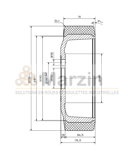 ROUE VULKOLLAN®/QUARTZ  230/070/172/45-5T