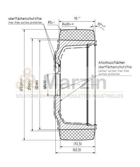 ROUE VULKOLLAN®/QUARTZ  230/075/186/45-5T