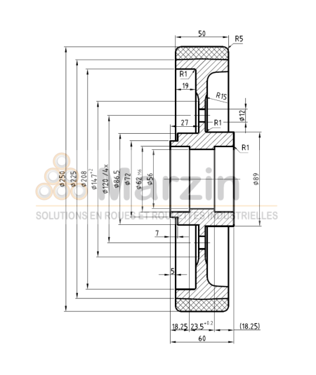 ROUE VULKOLLAN®  250/050/225/62x18 4T 95 SH