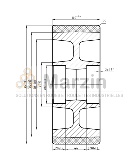 ROUE VULKOLLAN® 250/100/220/80x28